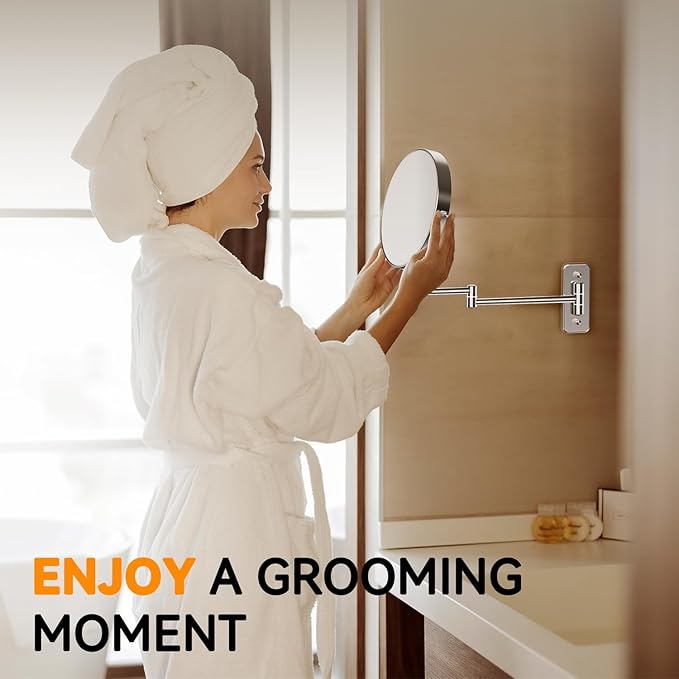 1X/20X Wall Mounted Makeup Mirror, 8'' 20X Magnifying Double-Sided Mirror with Tweezers, Bathroom Vanity Makeup Mirror, Cosmetic Mirror with 360 Rotation Extendable Swivel Arm, Chrome