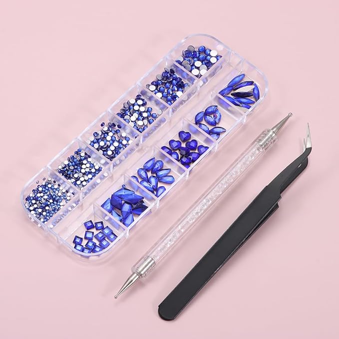 1000Pcs 12Gird Box Multi Size AB/Colorful Irregular Rhinestones Flatback Crystal Diamond Gems, with Pick Up Tweezers and Picker Dotting Pen for Nails, Makeup