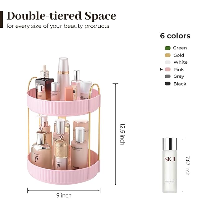 Aveniee 360 Rotating Makeup Organizer for Vanity, Skincare Perfume Organizers Large Capacity, Bathroom Countertop Organizer and Storage, Clear Cosmetics Lipstick Holder for dresser(2 Tiers, Pink)