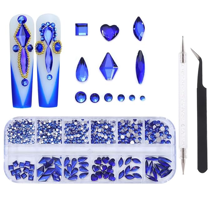 1000Pcs 12Gird Box Multi Size AB/Colorful Irregular Rhinestones Flatback Crystal Diamond Gems, with Pick Up Tweezers and Picker Dotting Pen for Nails, Makeup
