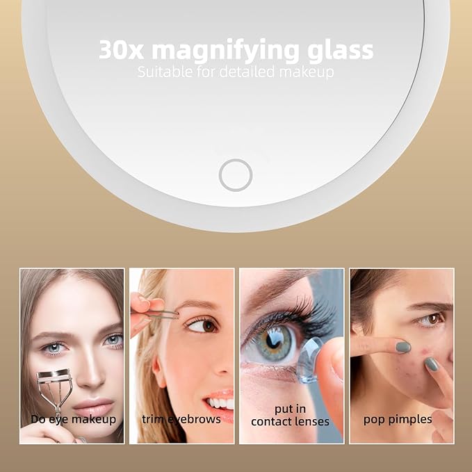 30X Magnifying Mirror with Light, Large 6'' Magnifying Makeup Mirror with Light 30X, Travel Mirror with 30X High Magnification Compact 30X Magnified Mirror with Light, 3 Suction Cup & Adjustable Stand