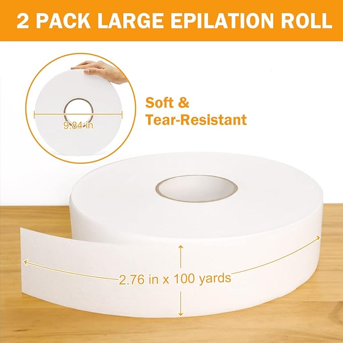 2PCS Non-woven Wax Strip Roll for Body and Facial Hair Removal, 2.76" X 100 Yards Tear-Resistant Waxing Paper for Eyebrow, Leg Removal, Salon Grade