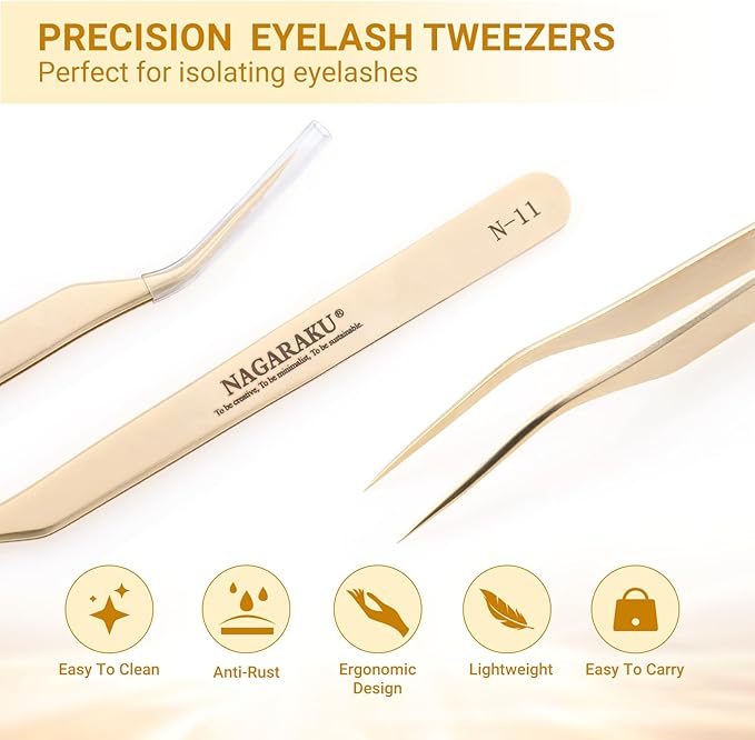 NAGARAKU Tweezers for Eyelash Extensions Curved Lash Tweezers Precision Pinzas Professional Easy Fanning Stainless Steel Precise Long Tip Pointy Make Fans for Lashes Isolation (N-11)