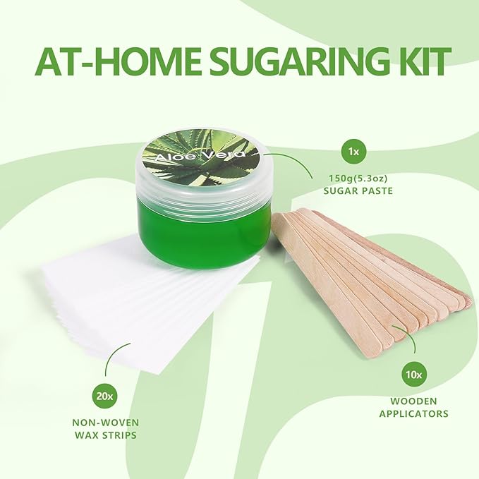 Sugar Wax Kit for Face Eyebrows Hair Removal: 150g/5.3oz Sugaring Paste with 20 Wax Strips & 10 Sticks