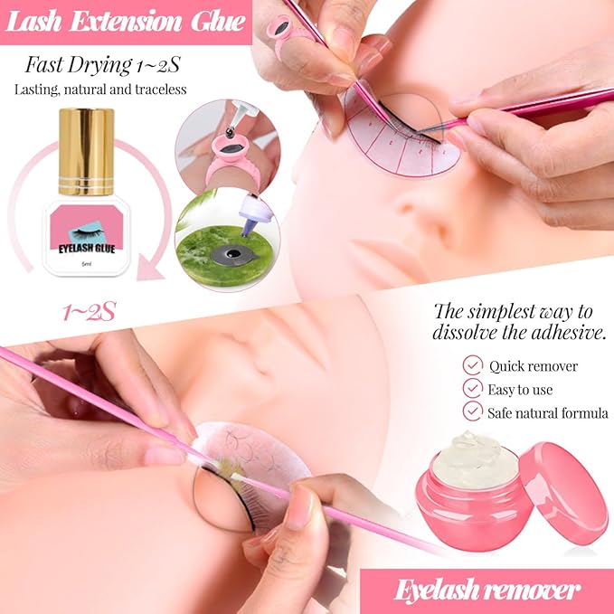 Lash Extension Kit Eyelash Practice for Beginners Professional Set with Mannequin Head Removable Eyelids USB Fan Spraye Individual False Lash Eyelash Strips Shampoo Brush Supplies Storage box