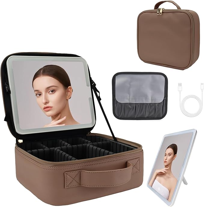 Travel Makeup Bag with LED Lighted Mirror,Cosmetics Organizer, Makeup Bag with 3 Color Lighted Setting, Portable Storage and Adjustable Dividers Travel Makeup Bag(Mocha)