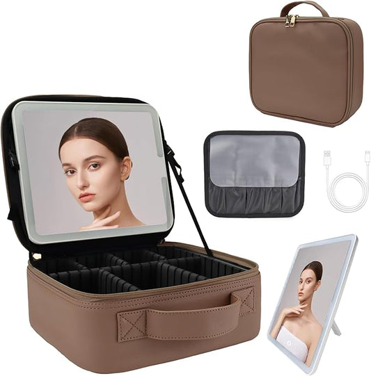 Travel Makeup Bag with LED Lighted Mirror,Cosmetics Organizer, Makeup Bag with 3 Color Lighted Setting, Portable Storage and Adjustable Dividers Travel Makeup Bag(Mocha)
