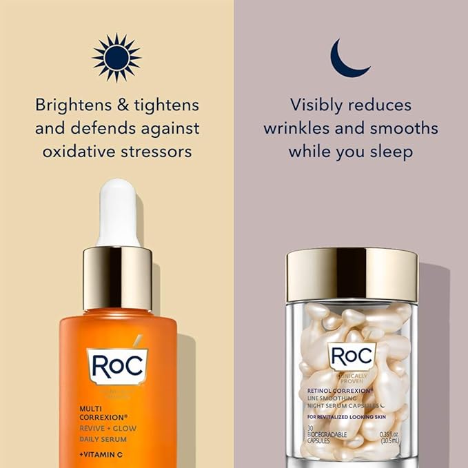 RoC Multi Correxion Revive + Glow 10% Active Vitamin C Serum for Face, Daily Anti-Aging Wrinkle and Skin Tone Skin Care Treatment, Brightening Serum, 1 Fluid Ounce
