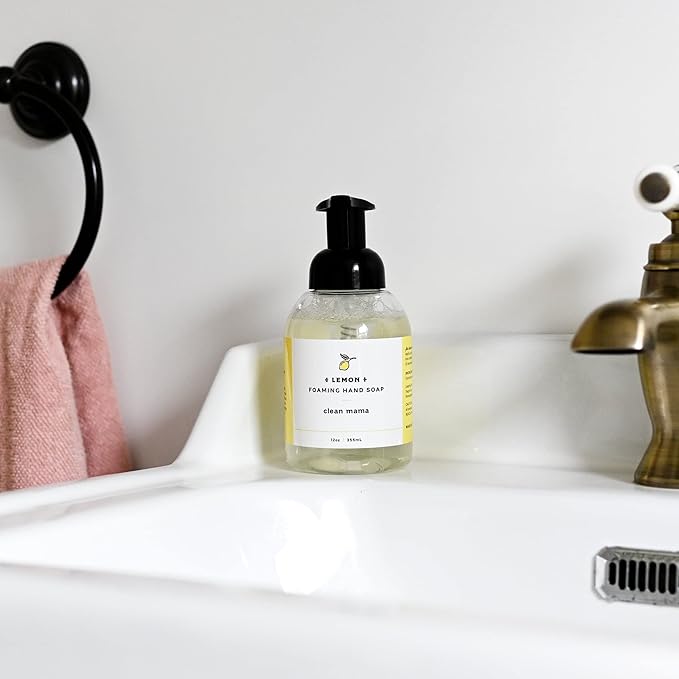 CLEAN MAMA Plant-Derived Foaming Hand Soap - Aromatic and Nourishing Hand Wash, Natural Essential Oils Infused - USDA Certified Biobased - 12 Ounce, Lemon