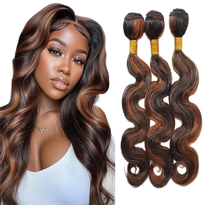 Highlight Bundles Human Hair P1B30 Body Wave Bundles Black and Brown Body Wave Bundles two tone Double Weft Brazilian Human Hair Wet and Wavy Soft Silky for Black Women 22 24 26 Inch