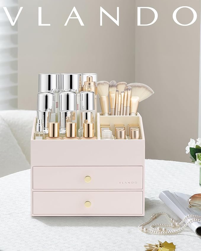 Vlando Makeup Organizer,Skincare Organizer for Vanity，PU Leather Make up Organizer with Drawers Cosmetic Display Case for Countertop,Bathroom,Gifts Ideas for Women (Apricot White)