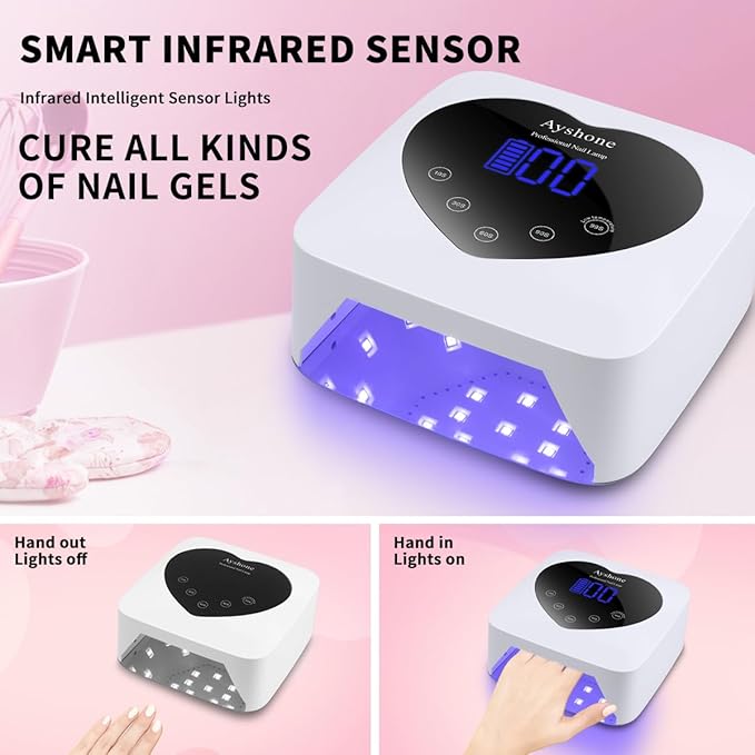 Cordless UV LED Nail Lamp,72W Rechargeable Nail Dryer Gel Polish Light with Large LCD Display,Rechargeable Nail Curing Lamp for Salon & Home (White)