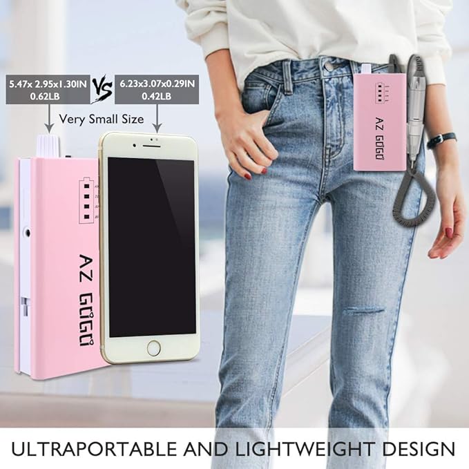 30000RPM Portable Nail Drill Machine, AZ GOGO Professional Rechargeable Electric Efile Nail Drill for Acrylic Nails, Manicure/Pedicure, Polishing, Cuticle - Salon or Home Use（Pink）