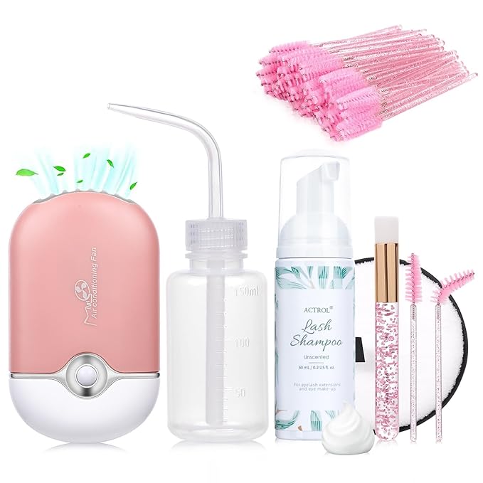 Eyelash Extension Shampoo Kit 60ml Unscented Lash Extension Cleanser with Lash Fan Pink Professional Eyelid Foaming Cleanser Paraben & Sulfate Free Non-lrritating