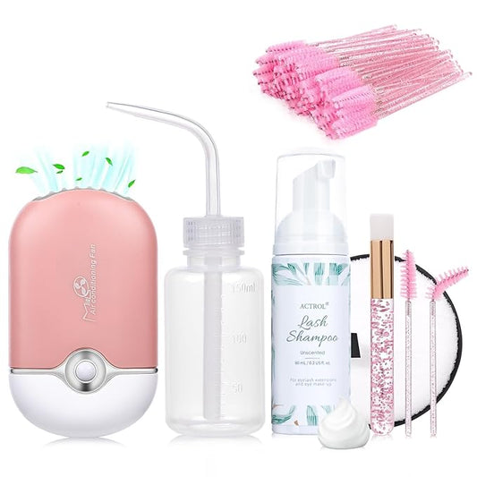 Eyelash Extension Shampoo Kit 60ml Unscented Lash Extension Cleanser with Lash Fan Pink Professional Eyelid Foaming Cleanser Paraben & Sulfate Free Non-lrritating