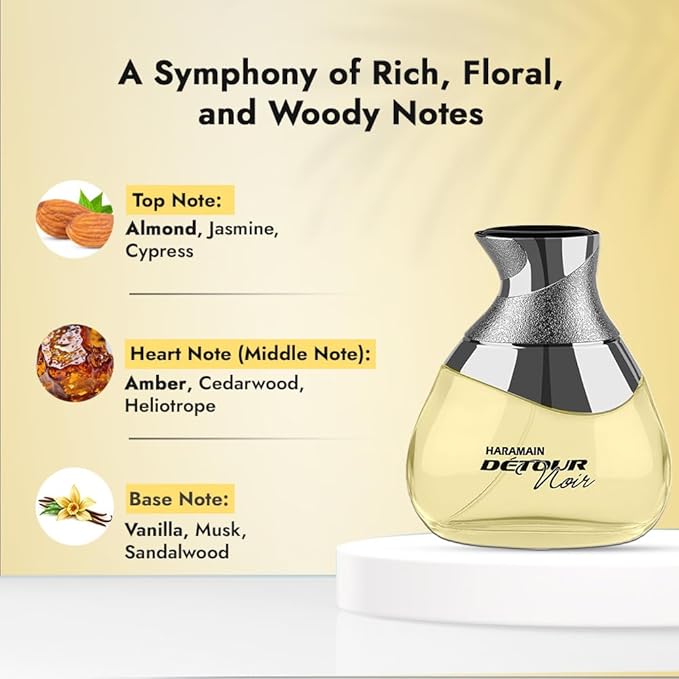 Al Haramain Detour Noir for Unisex - Arabian Perfume for Women & Men - Long Lasting Arabic Cologne - Amber Woody Fragrance with Notes of Vanilla, Lavender, Jasmine, Sandalwood - Eau de Parfum - 3.33oz