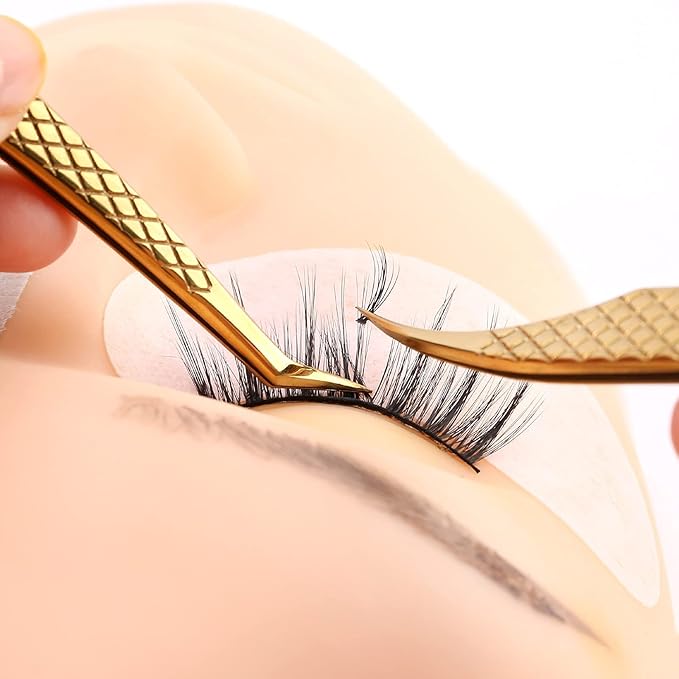 Lash Eyelash Extension Tweezers Set 4Pcs,Professional Eyelash Applicator Tool,Straight and Curved Precision Stainless Steel Tweezers Lash Extension Supplies(Black Gold)