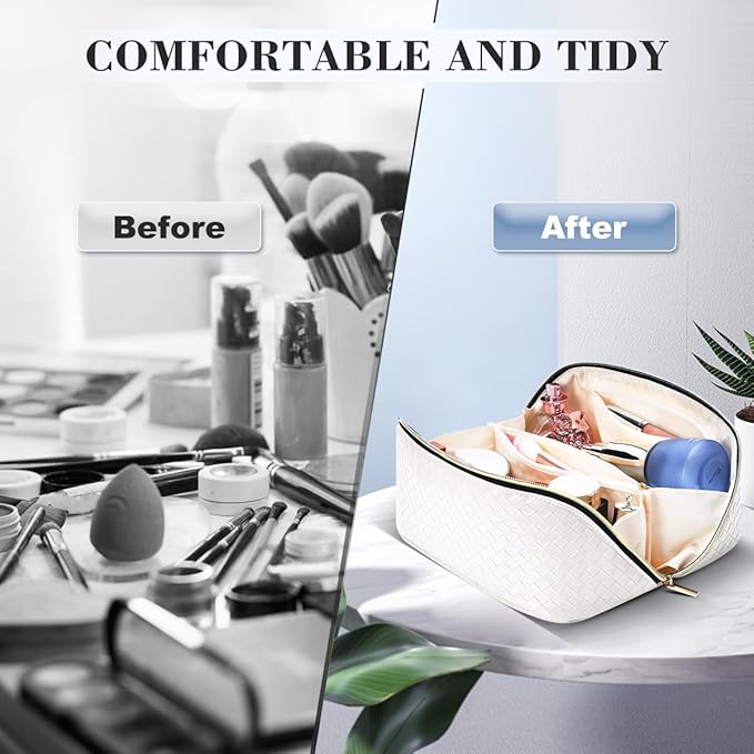 Travel Makeup Bag: Large Capacity Cosmetic Bag for Women, Portable PU Leather Waterproof Stuff Bag With Handle and Divider Flat Lay Makeup Pouch Toiletry Bag Birthday Gift for Women - White
