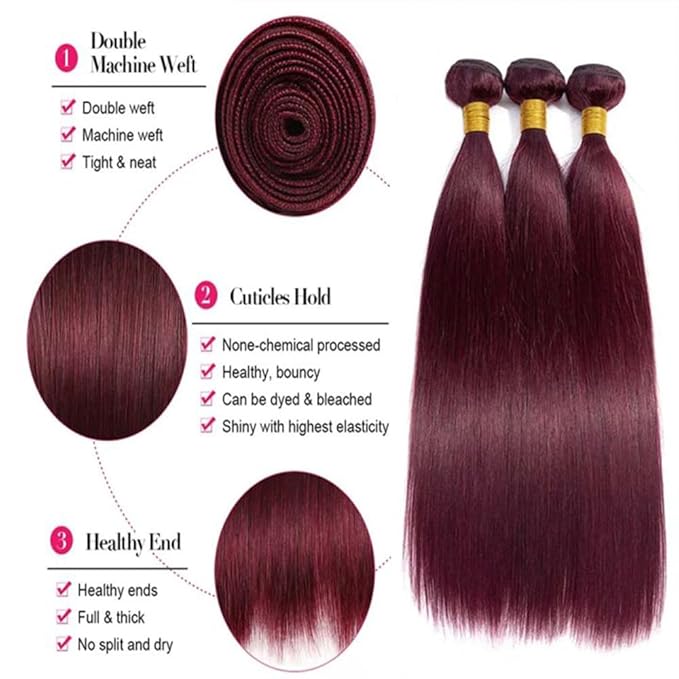Color 99j Straight Bundles Human Hair Burgundy Bundles Human Hair Wine Red Extensions Weave Wet and Wavy Soft Silky for Woman 14 16 18 Inch