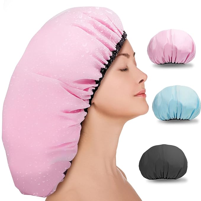 3 Pcs 16.5" Super Extra Large Shower Cap, Reusable Dual Waterproof Shower Cap for Women, Jumbo Satin Lined Shower Cap for Braids & Long Hair, XXL Adjustable Hair Cap for Locs Dreadlocks Music