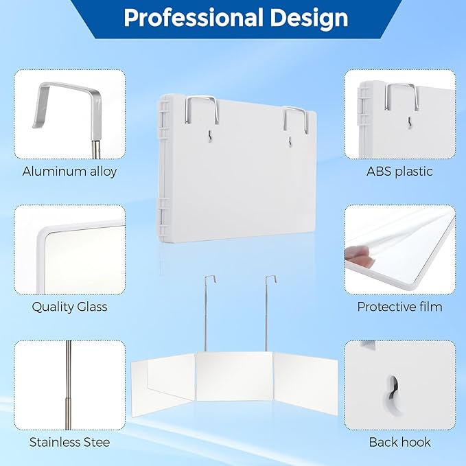 3 Way Trifold Haircut Mirror, 360 Degree Mirror for Hair Cutting, Shaving, Grooming, Hair Styling, Dye Hair Makeup with Adjustable Height Brackets, Portable for Travel, Bedrooms, Bathroom (White) New