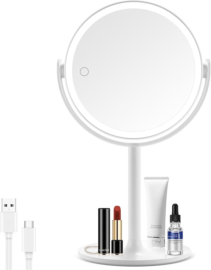 Lighted Magnifying Mirror, 20x Magnifying Makeup Mirror with Lights, Charging Port on Stand, Double Sided Switch Eye-Protection 3 Colors Dimmable Vanity Mirror, Large 8.6 in