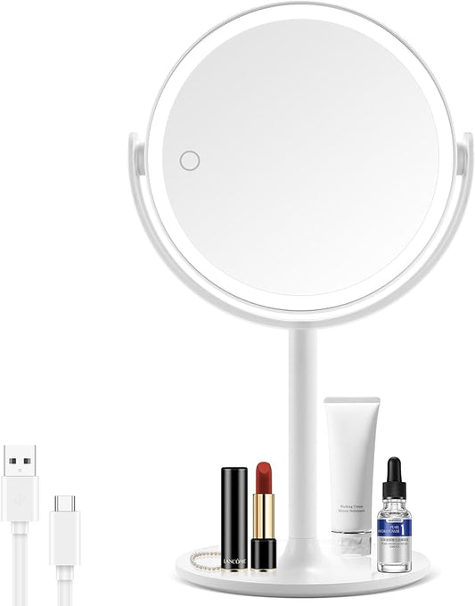 Lighted Magnifying Mirror, 20x Magnifying Makeup Mirror with Lights, Charging Port on Stand, Double Sided Switch Eye-Protection 3 Colors Dimmable Vanity Mirror, Large 8.6 in