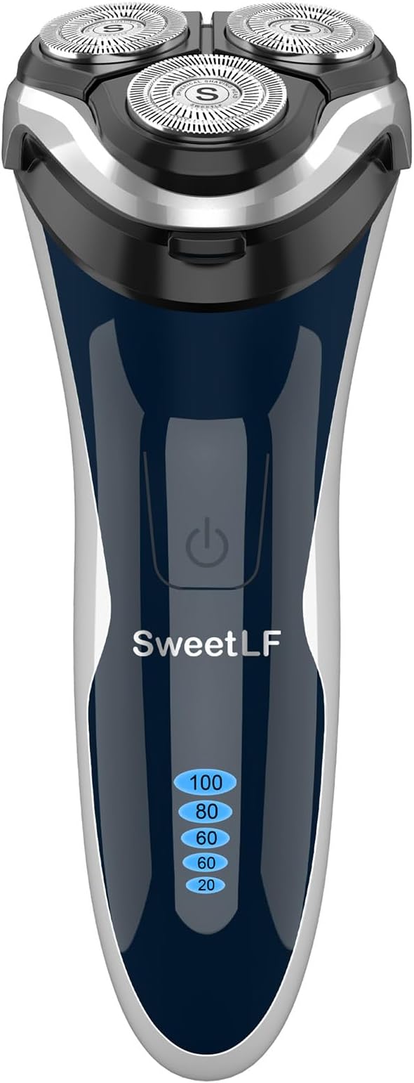 Electric Razor for Men, SweetLF 100% Waterproof Electric Shaver, Type C Rechargeable, Wet & Dry Rotary Shavers for Men with Pop up Trimmer, Corded and Cordless, Navy Blue
