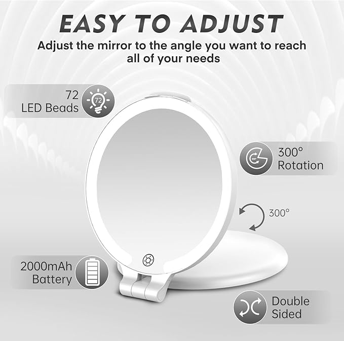 FUNTOUCH Magnifying Mirror with Light, 1X/10X Double Sided Rechargeable Makeup Mirror with 3 Color Setting, Foldable Portable Travel Essential Vanity Mirror with Bundle Pocket