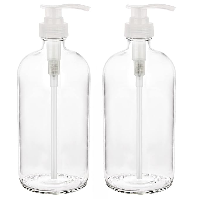 kitchentoolz 32-Ounce Large Clear Glass Boston Round Bottles w/Natural Color Pumps. Great for Lotions, Soaps,Oils, Sauces - Food Safe and Medical Grade (Pack of 2)