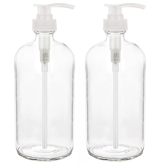 kitchentoolz 32-Ounce Large Clear Glass Boston Round Bottles w/Natural Color Pumps. Great for Lotions, Soaps,Oils, Sauces - Food Safe and Medical Grade (Pack of 2)