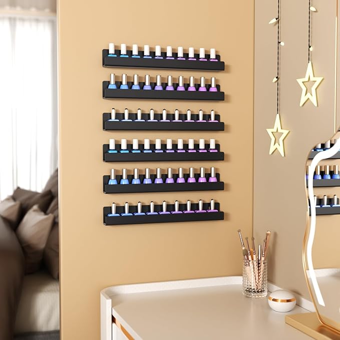 NIUBEE 6 Pack Nail Polish Rack Wall Mounted Shelf with Removable Anti-slip End Inserts, Acrylic Nail Polish Organizer Display 90 Bottles(Black)