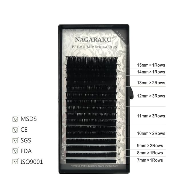 NAGARAKU Eyelash Extensions Individual Lashes 0.05mm J curl 7-15mm Mix Tray Classic Matte Black Soft Natural Faux Mink 16 rows