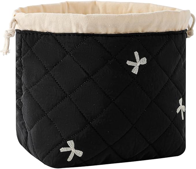 Cotton Quilted Drawstring Makeup Bag with Canvas Lining,Coquette Aesthetic Cute Travel Toiletry Bag,Drawstring Gift Bag for Women and Girls（06Black Bows）