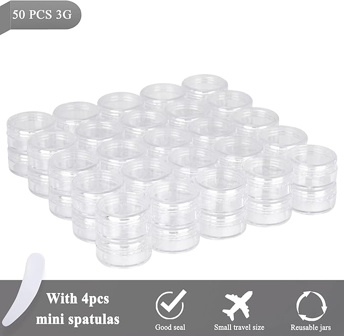 50PCS 3 Gram Sample Containers, 3ml Empty Jars with Lids, Small Cosmetic Containers, Mini Sample Jars with 4PCS Mini Spatulas for Make Up, Oils, Lotion, Powder, Paint, Jewelry, Lip Balms(Clear Lid)