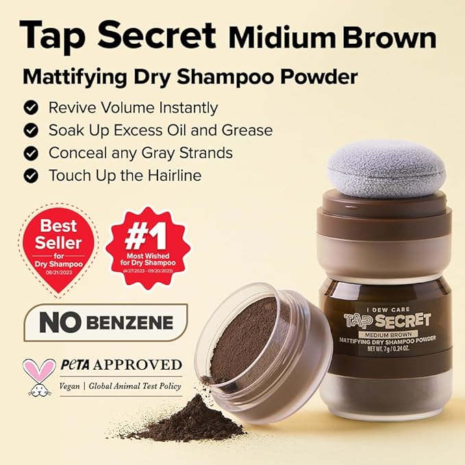 I DEW CARE Biotin Clarifying Dry Shampoo - Tap Secret Medium Brown | Strengthening & Volumizing, Powder Type, Refillable, Travel size, Non-aerosol, Brunette, Mother's Day, 0.24 Oz