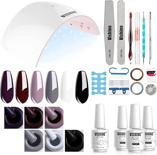Vishine Gel Nail Polish Starter Kit 6 Colors Gel Polish Set Base Top Coat, 36W LED Nail Dryer Lamp with Full DIY Gel Manicure Nail Tools 8ml #C026