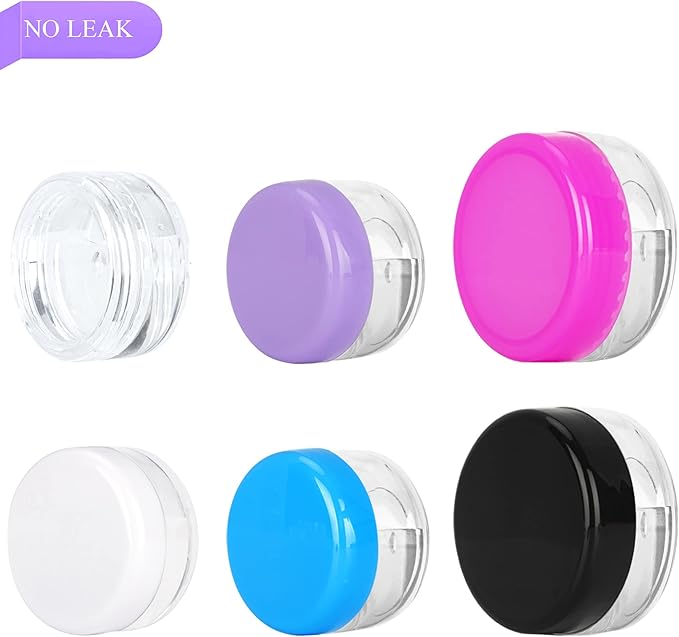 50PCS 3 Gram Sample Containers, 3ml Empty Jars with Lids, Small Cosmetic Containers, Mini Sample Jars with 4PCS Mini Spatulas for Make Up, Oils, Lotion, Powder, Paint, Jewelry, Lip Balms(Purple Lid)