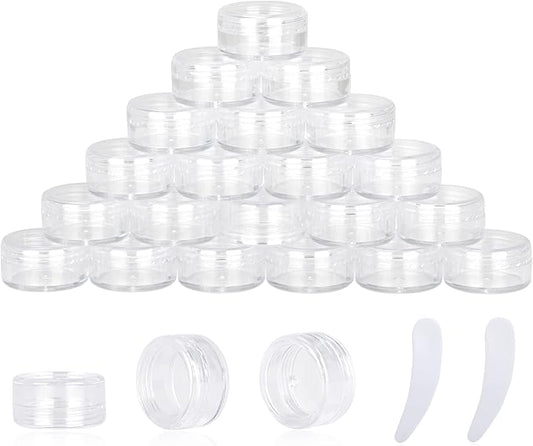 25PCS 3 Gram Sample Containers, 3ml Empty Jars with Lids, Small Cosmetic Containers, Mini Sample Jars with 2PCS Mini Spatulas for Make Up, Oils, Lotion, Powder, Paint, Jewelry, Lip Balms(Clear Lid)
