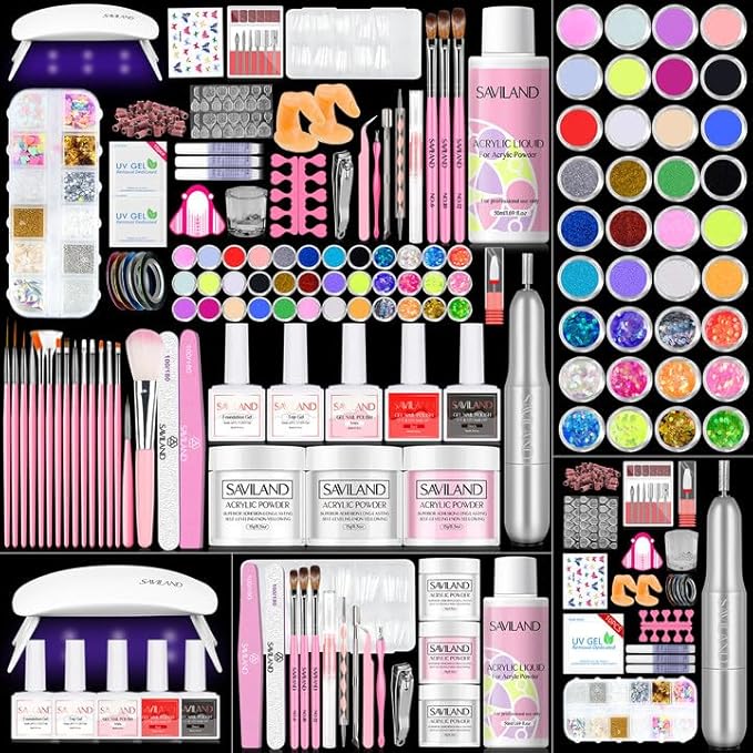 SAVILAND Acrylic Nail Kit with Drill: Professional Nail Kit Acrylic Set for Beginners with Everything Gel Polish U V Light Decorations for Home Salon Gift Set