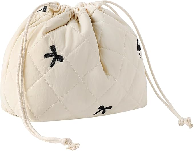 Cotton Quilted Drawstring Makeup Bag with Canvas Lining,Coquette Aesthetic Cute Travel Toiletry Bag,Drawstring Gift Bag for Women and Girls（05Beige Bows）