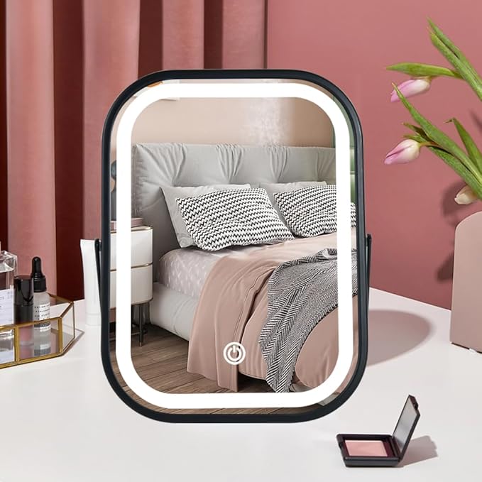 Travel Mirror with Lights, Small LED Makeup Mirror with Lights,Portable Desk Mirror 1200mAh Battery,3 Color Modes,Dimmable Touch Screen, Tabletop Folding Compact Mirror,Women Gift