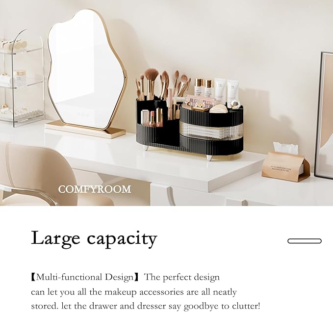 Rotating Vanity Organizer with Brush Holder and Drawer, 3 Layer Cosmetic Skincare Storage, Large Countertop Makeup Perfume & Lotions Display Case (Black)