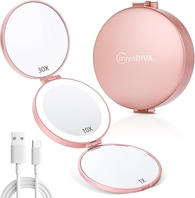 MIYADIVA Compact Travel Mirror with Light - 1X/10X/30X Magnification, Brightness Adjustment & 3 Color Lights