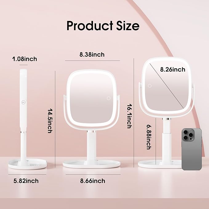Makeup Vanity Mirror with Lights - 10x/1x Magnifying Mirror with Light, Rechargeable Desk Mirror with 3-Color Lighting & Memory Function, 360° Adjustable Table Mirror, Gift for Women (White)