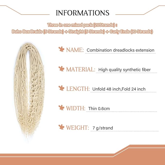 24 Inch Double Ended Dreadlock Extensions Sets, 20 Strands 3 In 1 Mixed Synthetic Dreads Extensions, 613 Blonde Straight&Curly&Boho Handmade Dreads Hippie Style Dreadlocks for Woman