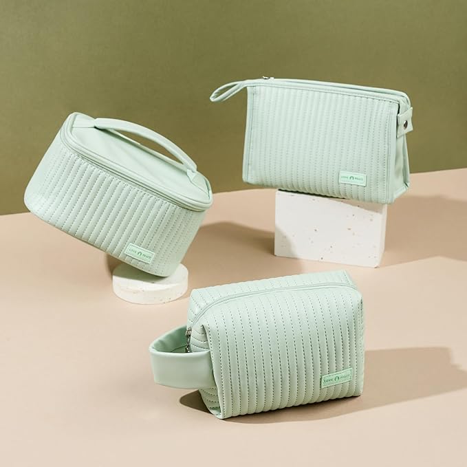 MIRASON Makeup Bag Set of 3 Cute Cosmetic Travel Toiletry Organizer Bag Pouch Set for Women PU Leather Waterproof Toiletry Bag 3 Piece Set, Green