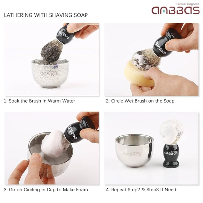 Anbbas Pure Badger Bristles Shaving Brush Black Wood Handle and Refill Soap Bar 100g,Stainless Steel Shaving Stand and Soap Cup Kit Perfect for Men