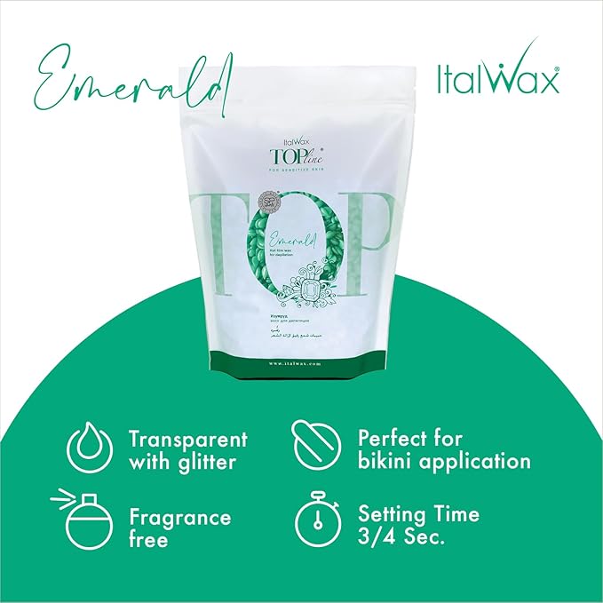 Italwax Top Line Emerald - 750g / 1.65lb - Hard wax beads for hair removal - Scent free - Synthetic formulation ideal for sensitive skins - Recommended for the Bikini Area and Armpits