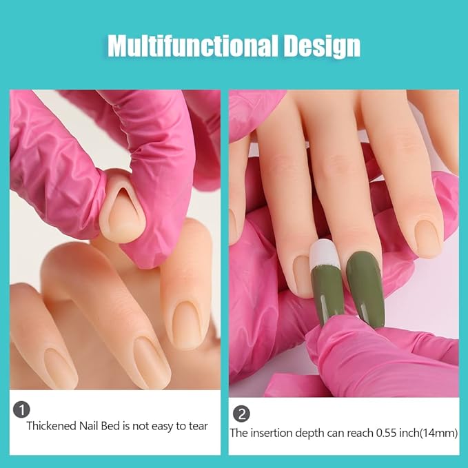 KnowU Silicone Practice Hand for Acrylic Nails, Left Hand, 1 Count, French Style, Solid Pattern, Full Well Tips, Glossy Finish, Almond Shape, 1 Set, 1 Piece